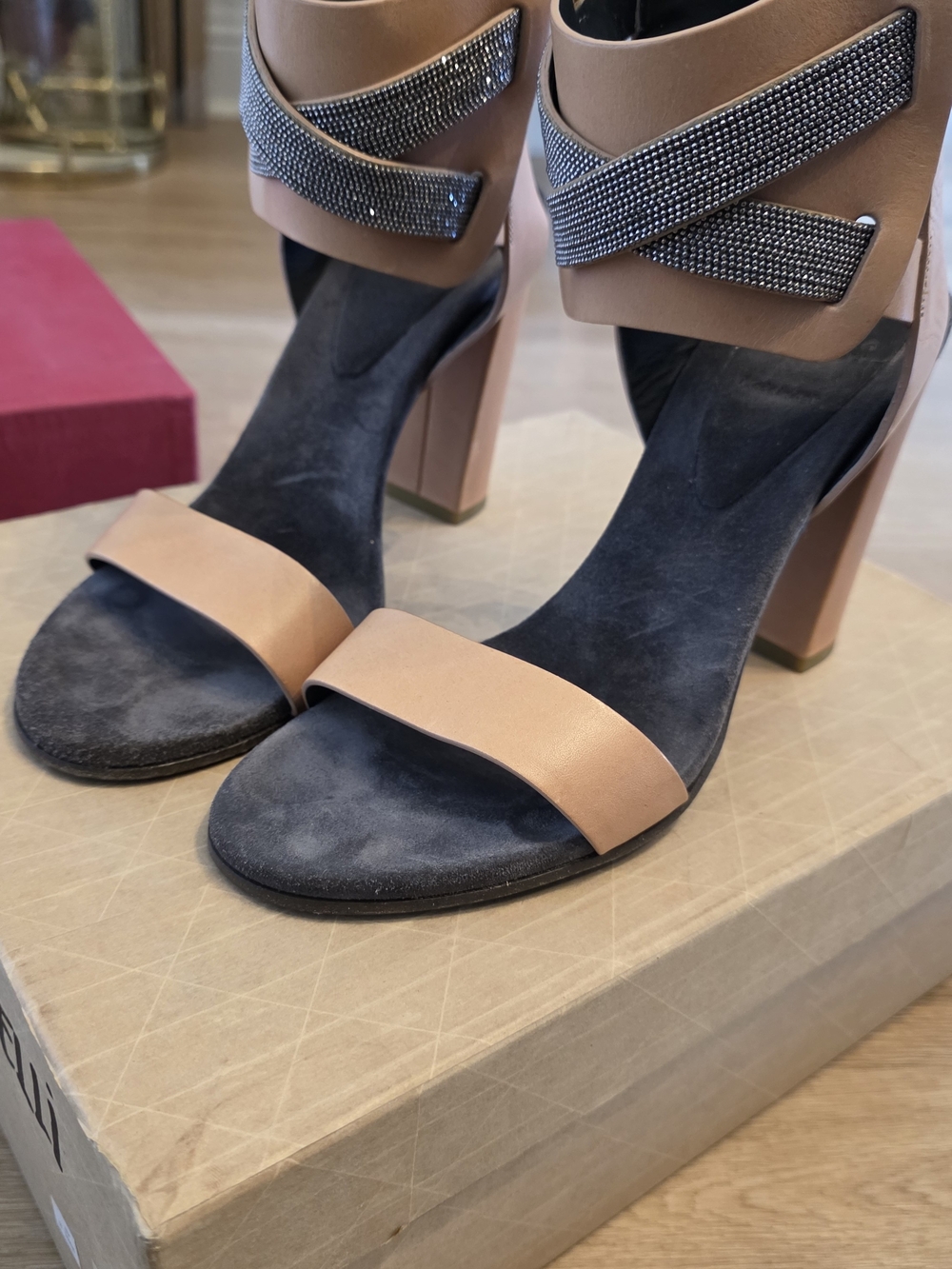 Brunello Cucinelli Blush Leather Block Heel Sandals with Crystal Straps - Picture 5 of 10